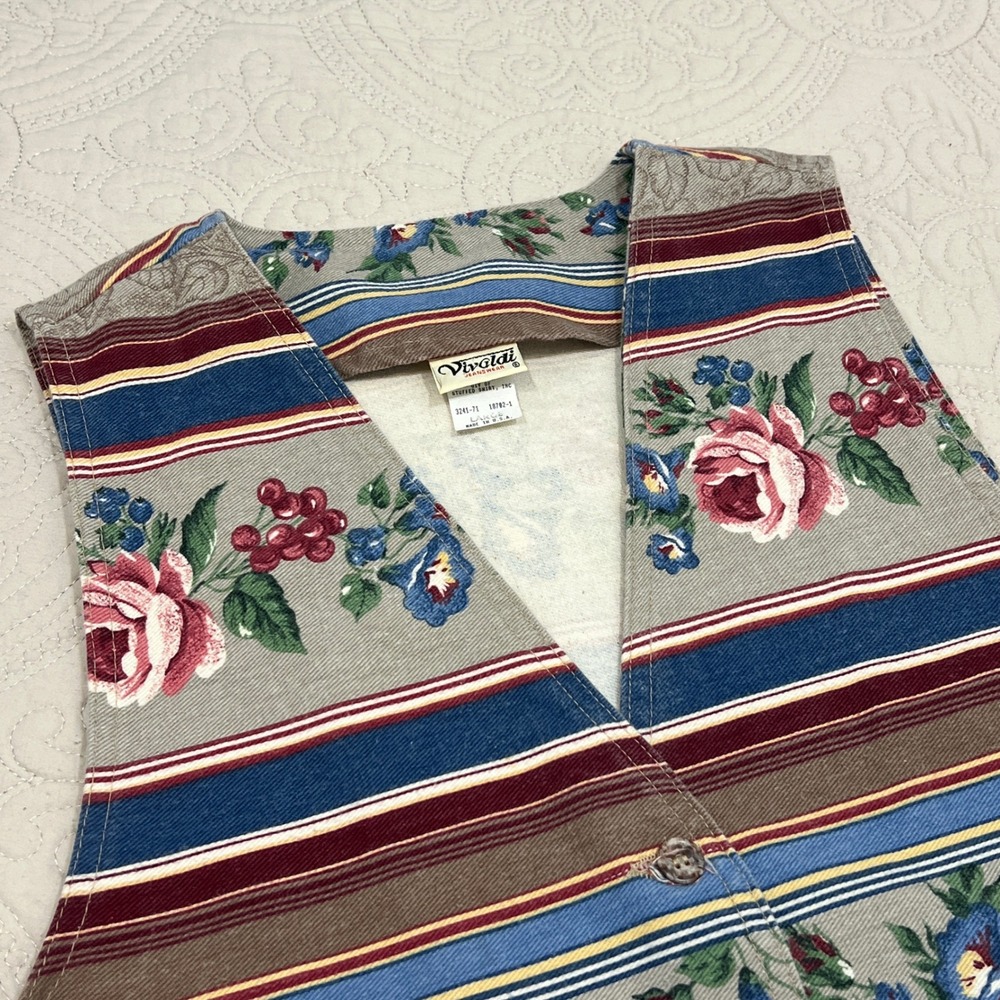 Vivaldi Jeanswear Vintage Floral Stripe Cotton Vest Womens Large 80s Made in USA
